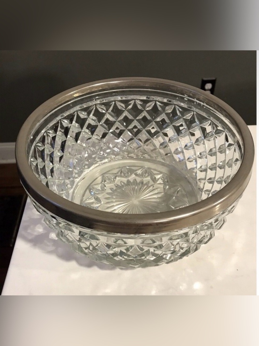Cubist Lead Cut Etched Crystal Sunburst Silver Plate Rim Serving Bowl 8" X 4.5"